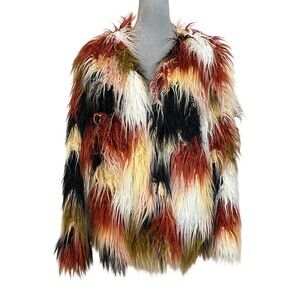 Umgee USA Faux Fur Retro Coat Women’s L Multicolor Open Front Hippie Boho Gypsy
